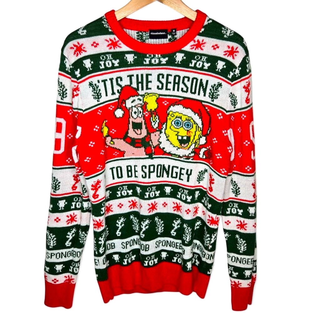 Sponge Bob Christmas Ugly Sweater Knitted Allover Holiday Graphic Nickelodeon M